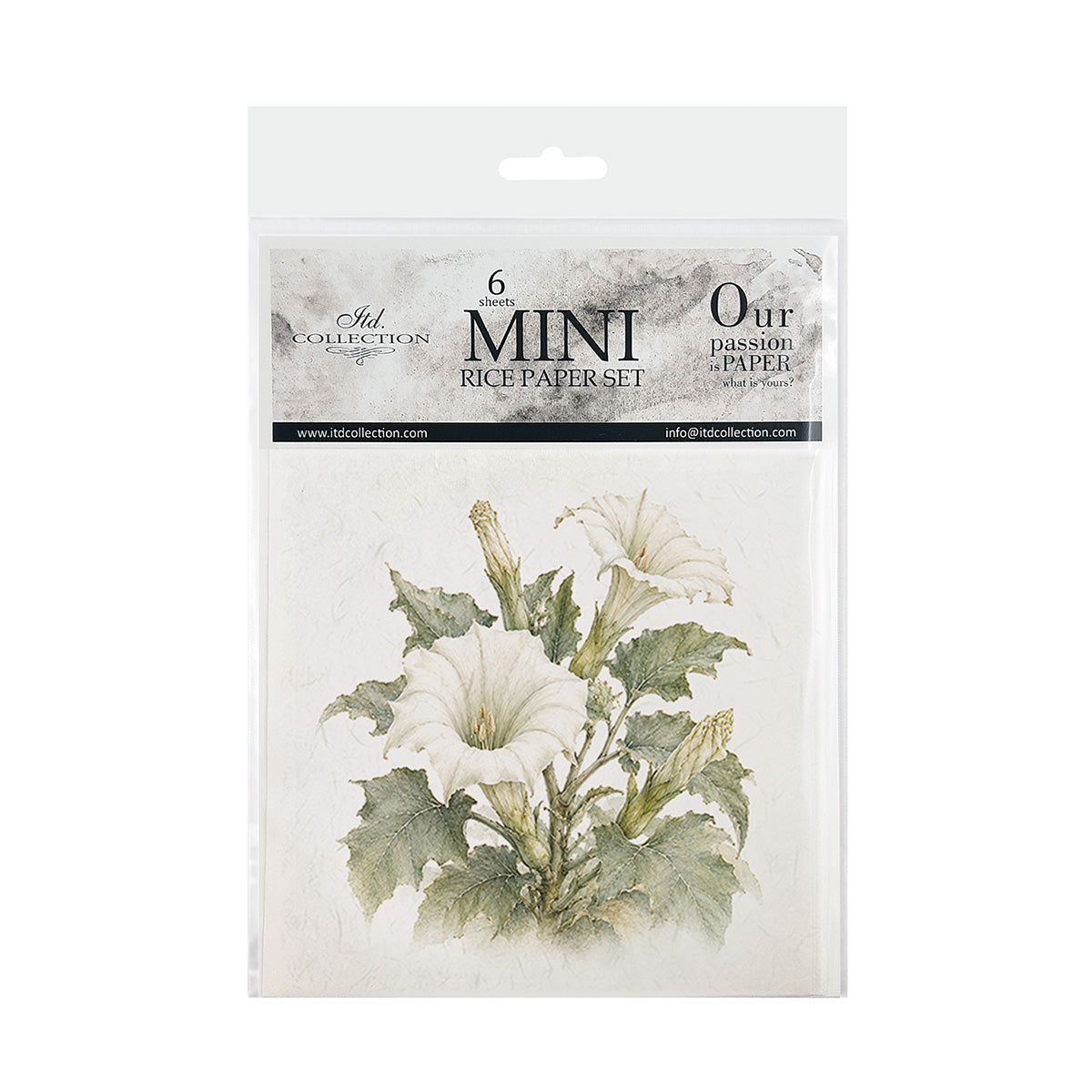 A packaged set of six mini rice papers from Ash Collection, featuring a botanical illustration of white flowers and green leaves on the front of the clear plastic sleeve.