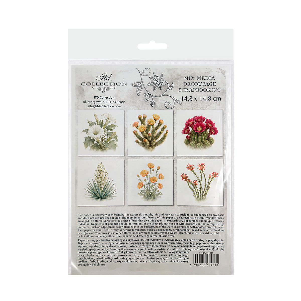 A packaged art paper set . The product is sealed in a clear plastic hanging bag with a printed white card insert showcasing six different botanical illustrations (cactus, pink flowers, green succulents, etc.