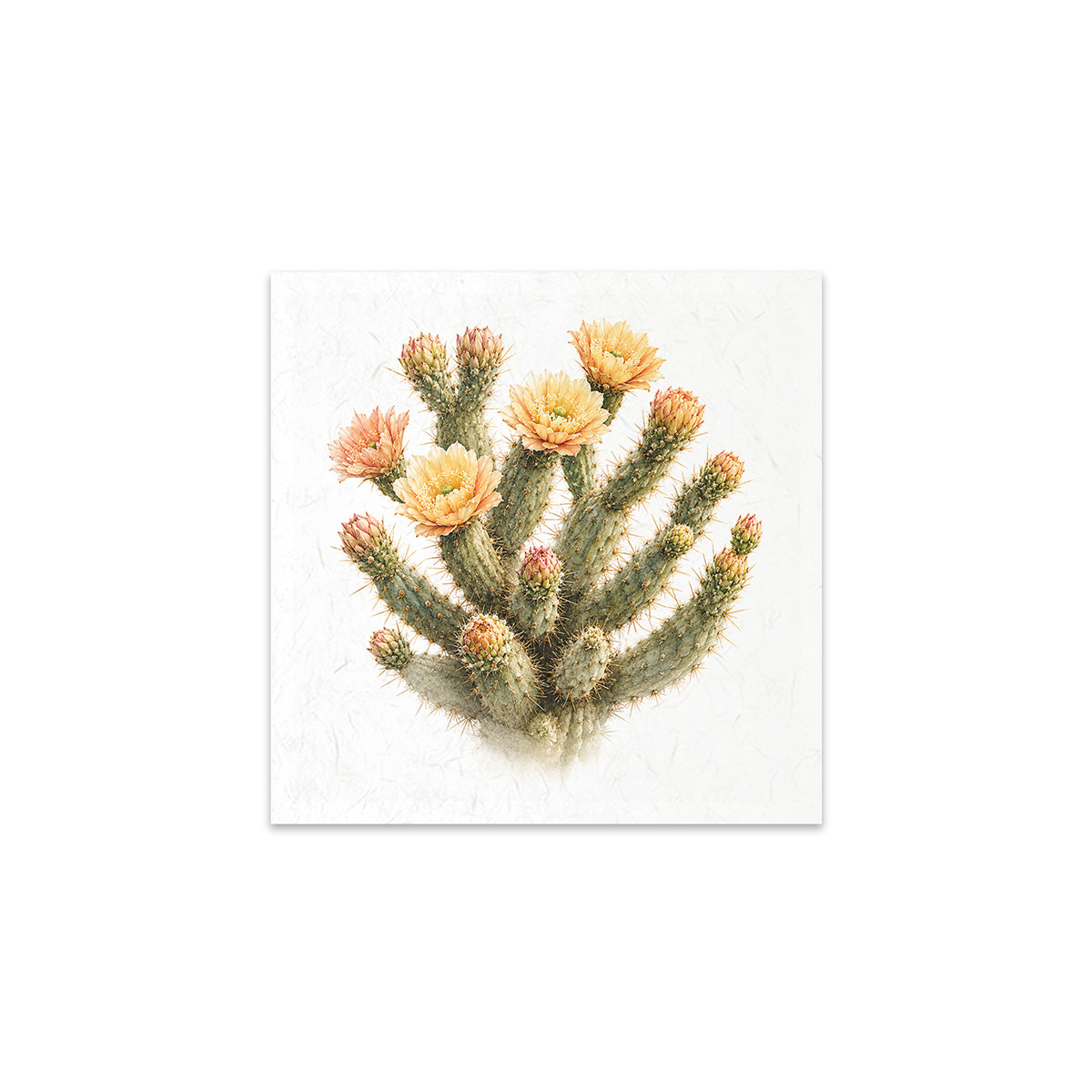 A square art print featuring a painted cactus with green stems and pale peach flowers on a textured off-white background.