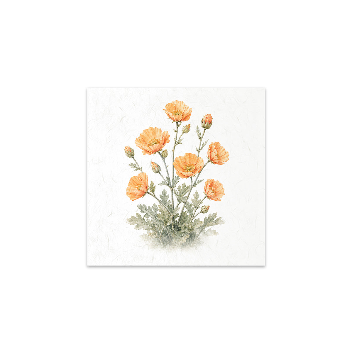 A square art print featuring a watercolor-style illustration of orange poppy flowers with green leaves on a textured off-white background.