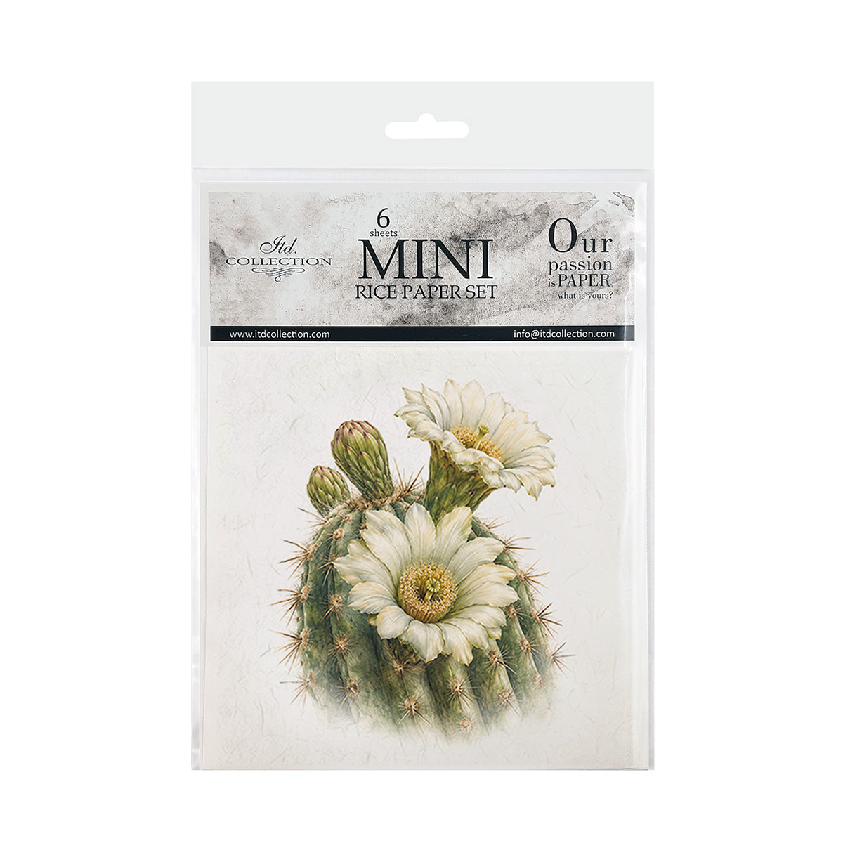 A packaged set of six mini rice paper sheets from Ash Collection, featuring a botanical design of a cactus with white flowers on the front sheet.