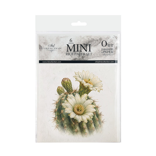 A packaged set of six mini rice paper sheets from Ash Collection, featuring a botanical design of a cactus with white flowers on the front sheet.