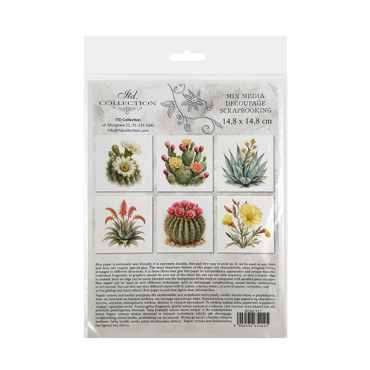 A packaged craft paper sheet from the  ITD, featuring six different cactus and succulent illustrations in a 3x2 grid. The sheet is sealed in a clear plastic hanging bag with a white header card.