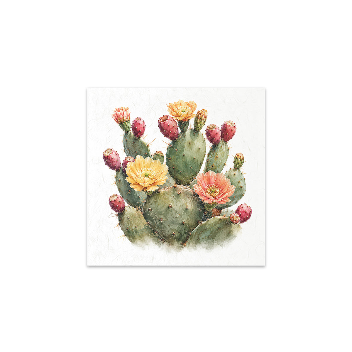 A square art print featuring a watercolor illustration of a prickly pear cactus with green pads, yellow-orange flowers, and pinkish-red buds, centered on a white background.
