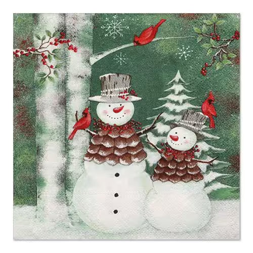 Two snowmen with top hats and red ribbons standing in a snowy landscape with trees and birds.