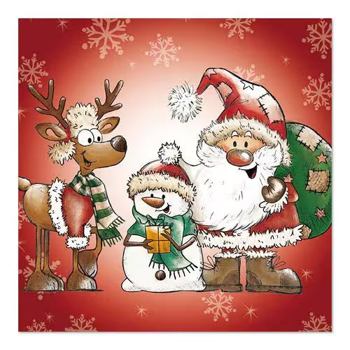 Cartoon Santa Claus, reindeer, and snowman on a red background with snowflakes.