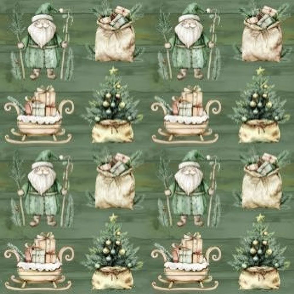 Pattern of Santa Claus, trees, and sleighs on a green background