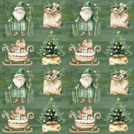 Pattern of Santa Claus, trees, and sleighs on a green background