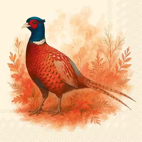 A coloruful pheasant in warm autumn foliage, with orange leaves and a soft watercolour background.