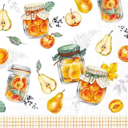 Fruit preserve pattern with jars of sliced fruit, pears, apples, apricots, leaves, and a soft autumn feel.