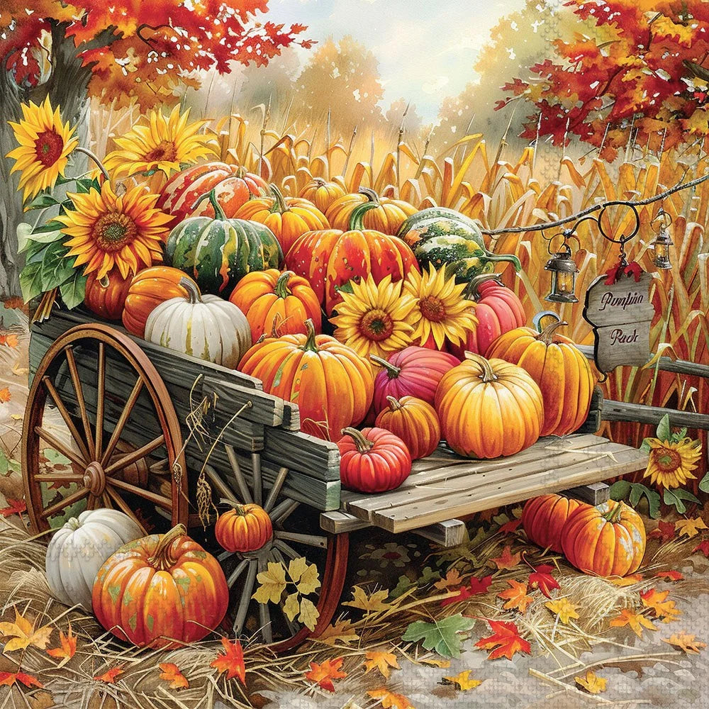 A colorful autumn scene showing a wooden cart piled with pumpkins and sunflowers in a cornfield, with fall leaves scattered on the ground and trees in the background.