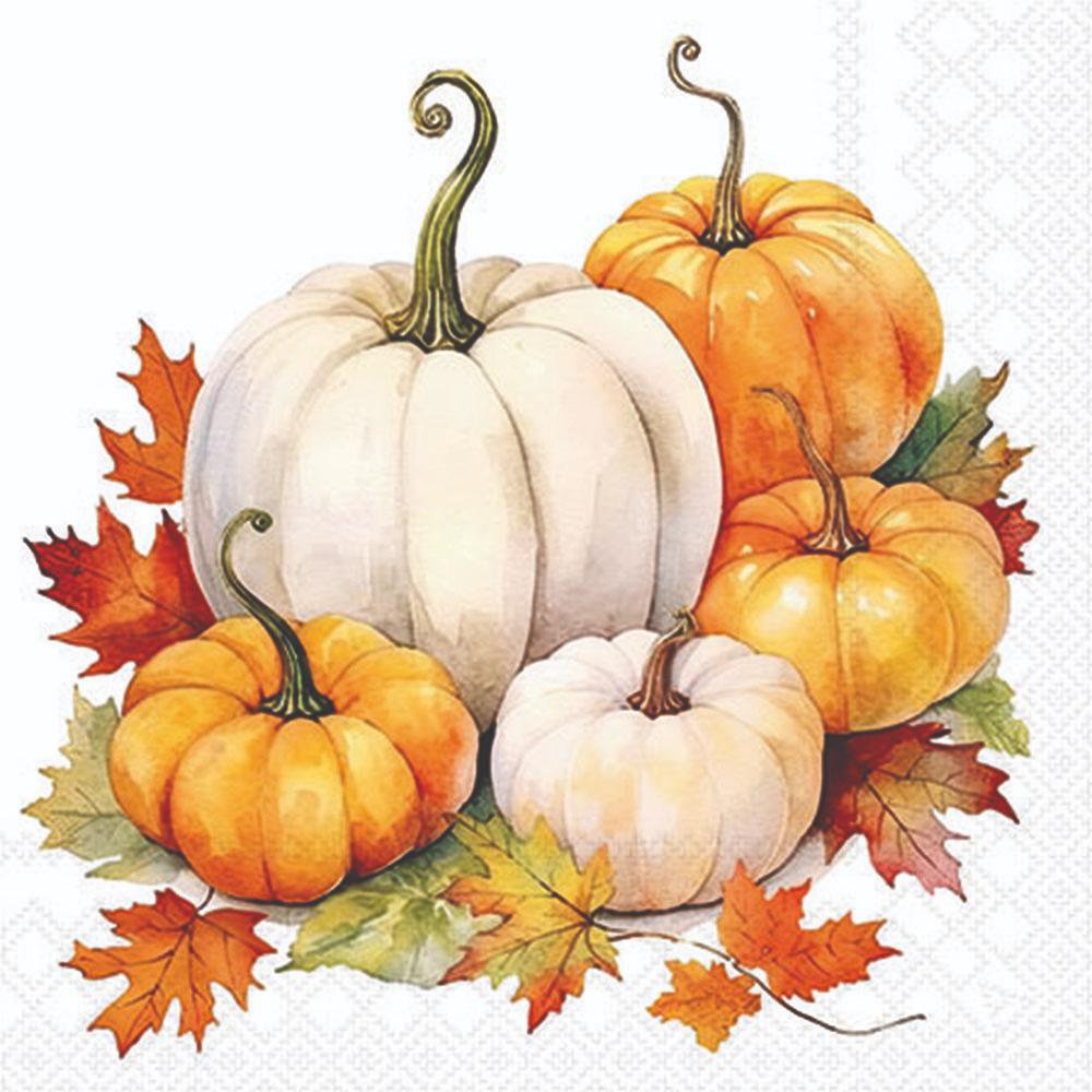 Decorative paper napkin with pumpkins and autumn leaves on a white background