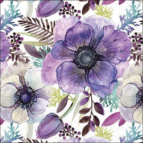 Floral pattern with purple and white flowers on a white background