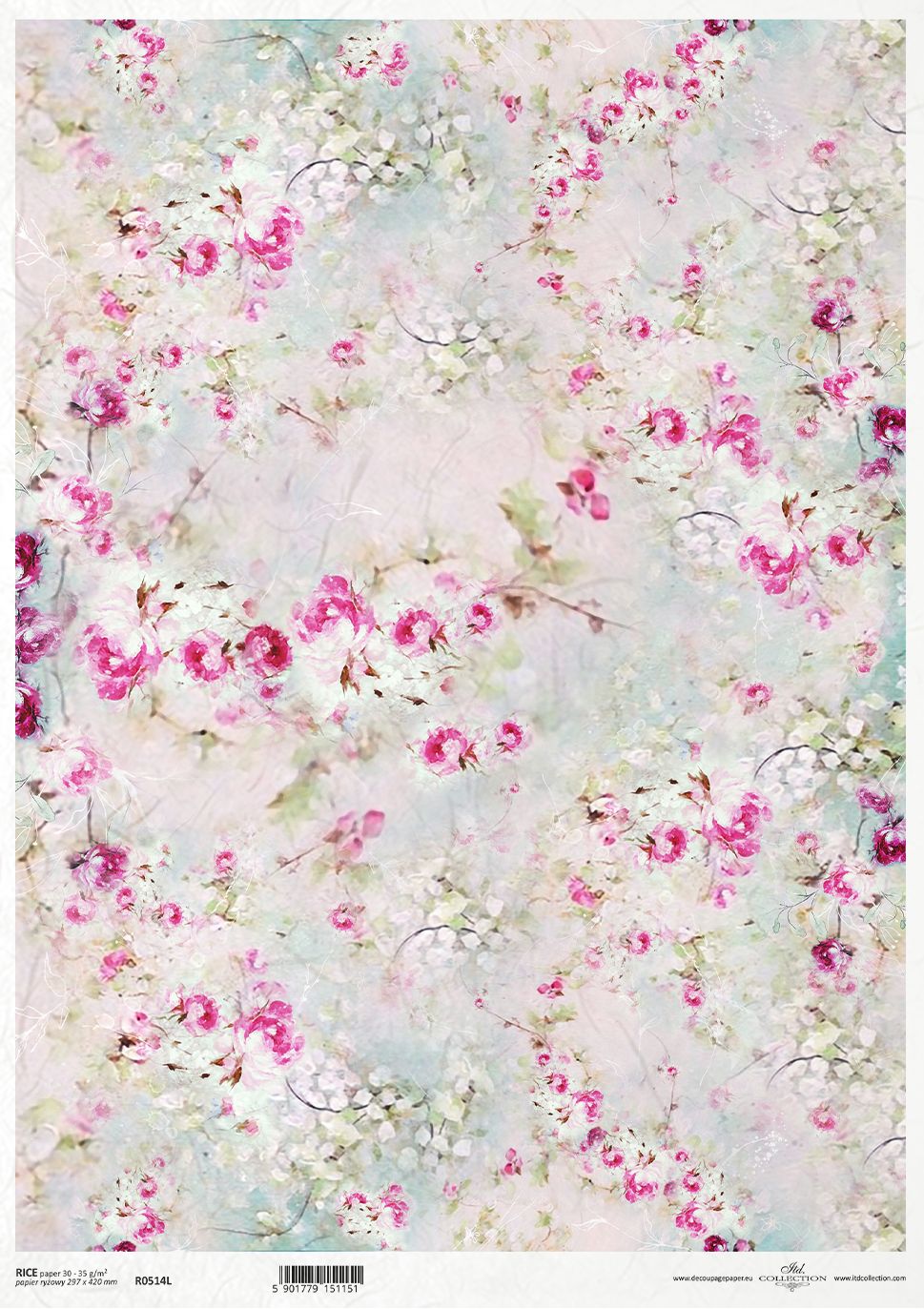 Floral patterned paper with pink and white flowers on a light blue background