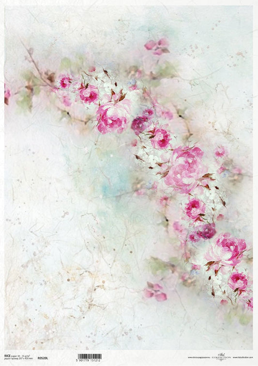 Floral design paper with pink flowers on a textured white background