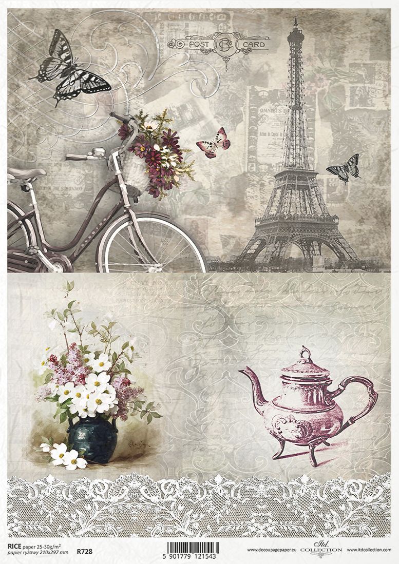 Vintage-style paper with Eiffel Tower, bicycle, flowers, and teapot on a textured background.
