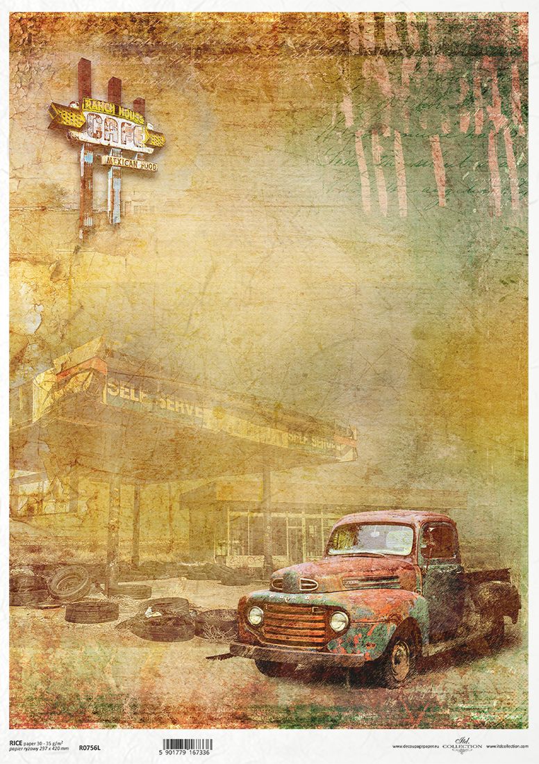 Vintage truck at an old gas station with retro pumps in a desert landscape, warm tones and textured look