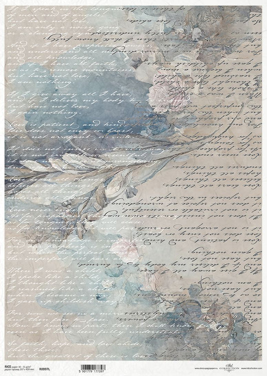 Decorative paper with floral design and text overlay