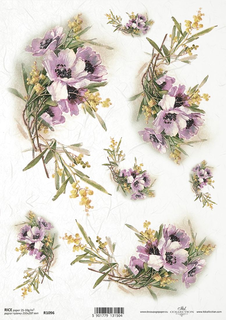 Decorative paper sheet with purple flowers and green leaves on a white background