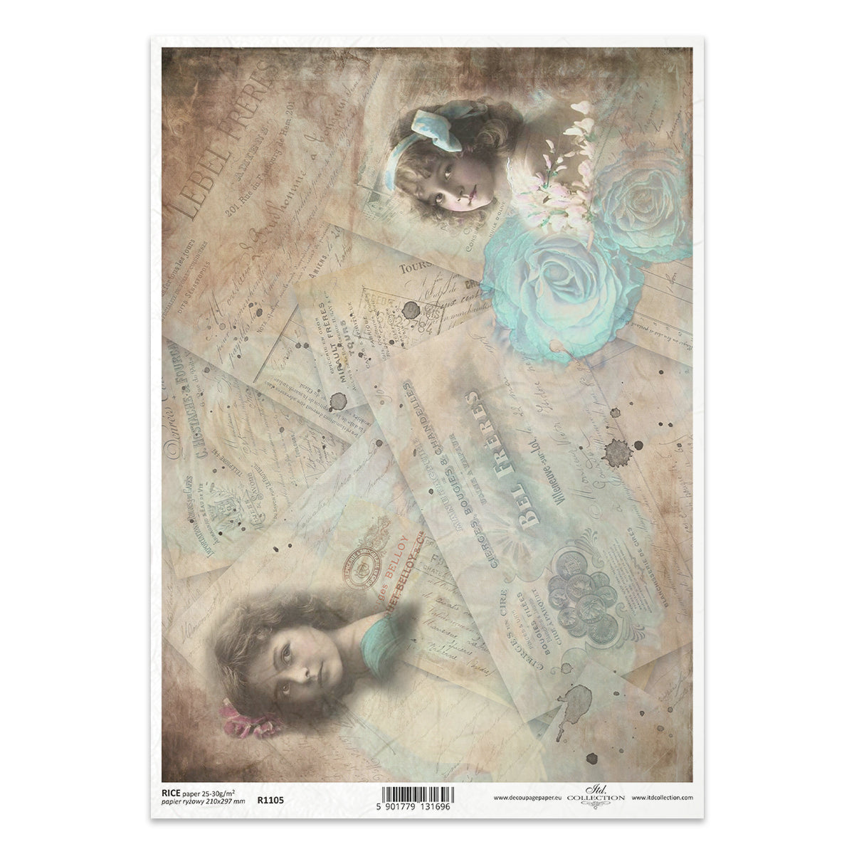 Vintage-style poster with a girls' portrait, flowers, and text on a textured background