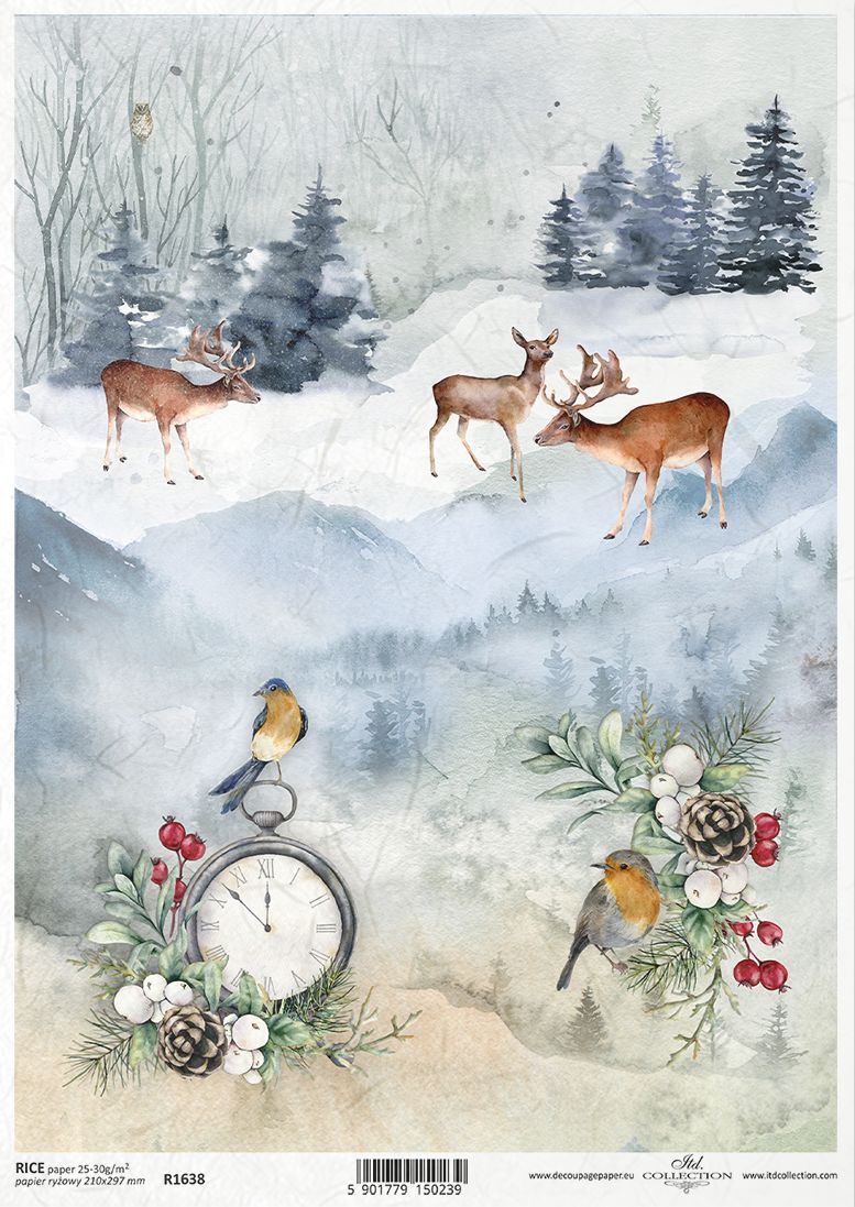 A watercolor-style winter scene sheet featuring deer in a snowy landscape, evergreen trees, birds, pinecones, white flowers, and a vintage pocket watch. 
