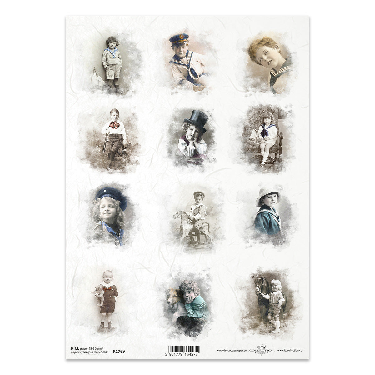 Sheet of vintage-style portraits of children on a white background