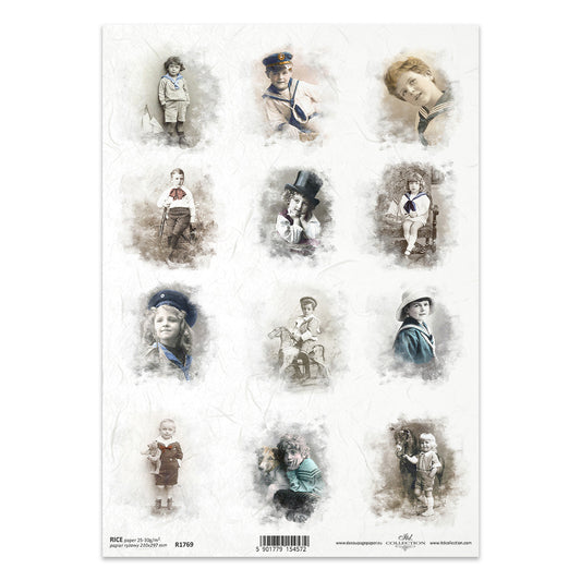 Sheet of vintage-style portraits of children on a white background