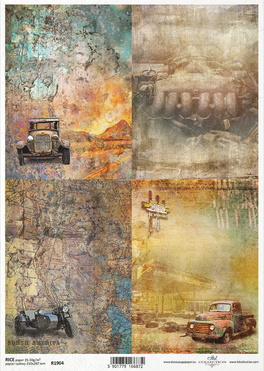 A vintage-style scrapbook paper sheet featuring a four-panel collage with distressed textures, old cars, a motorcycle, and warm-toned landscapes. 