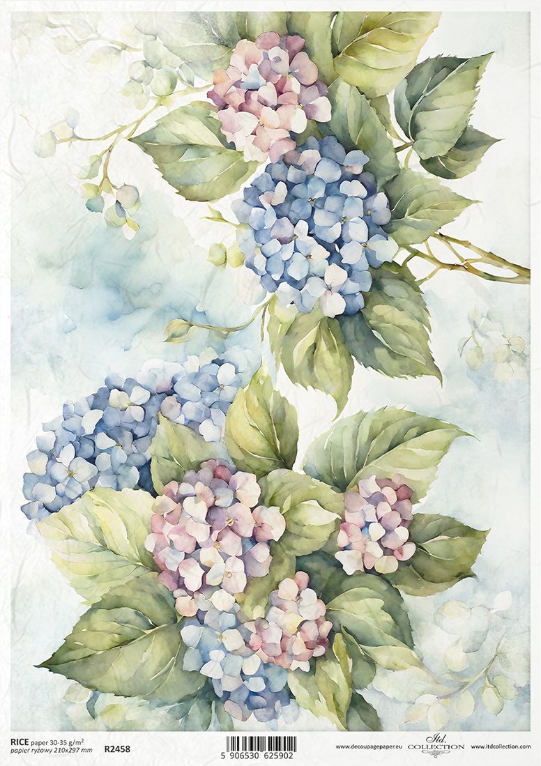 Decorative paper with hydrangea flowers and leaves on a light background