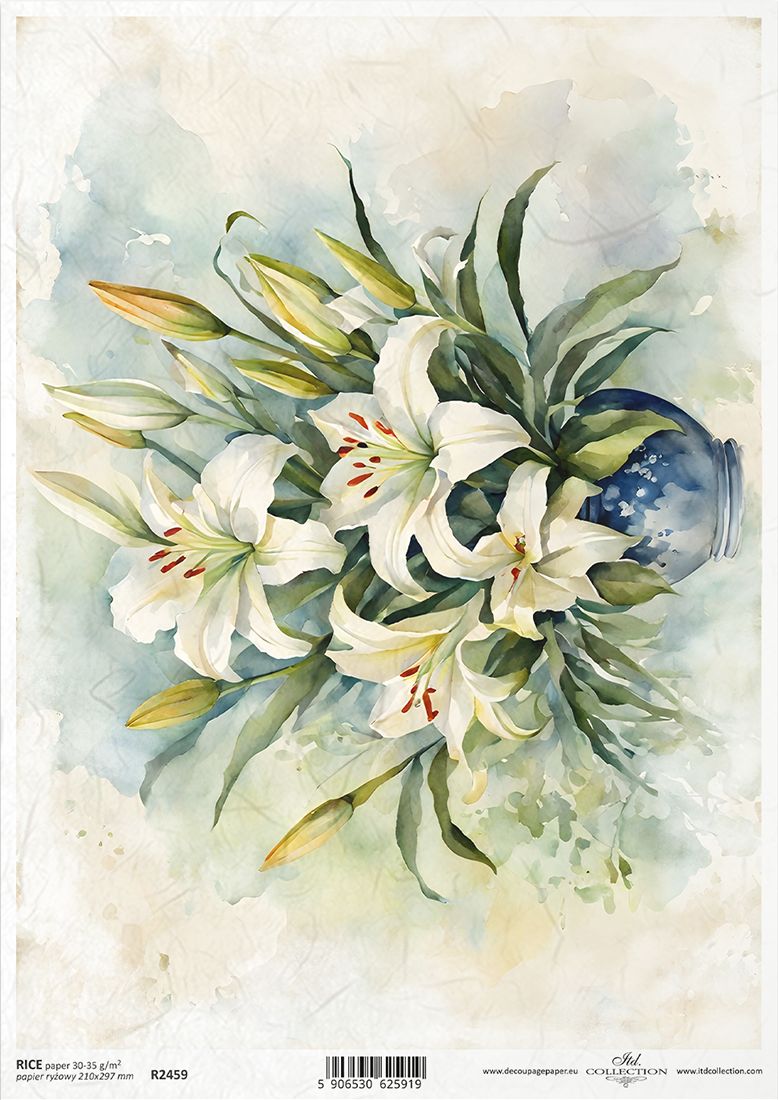 Watercolor painting of white lilies with green leaves on a textured background