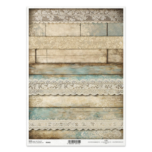 R2483 - Vintage Lace and Wood - Rice Paper A4