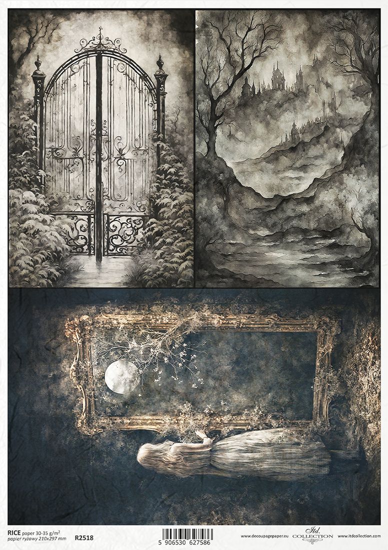 Gothic-style artwork with a gate, moonlit landscape, and figure by a mirror.