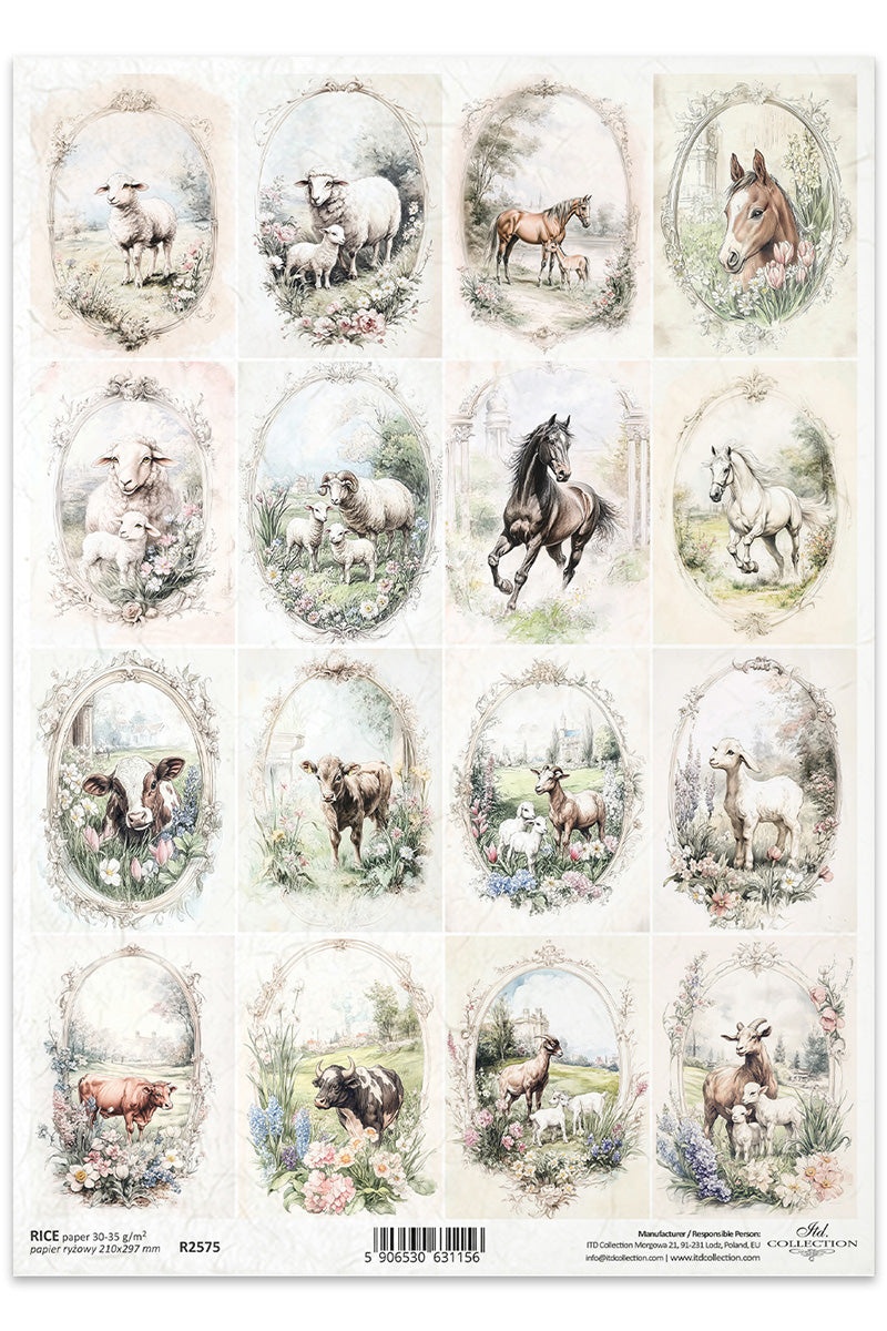 R2575 - Rustic Farm Animals Rice Paper A4 – Decoricepaper