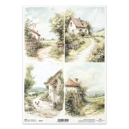 R2577 - Vintage Country Cottages Rice Paper A4