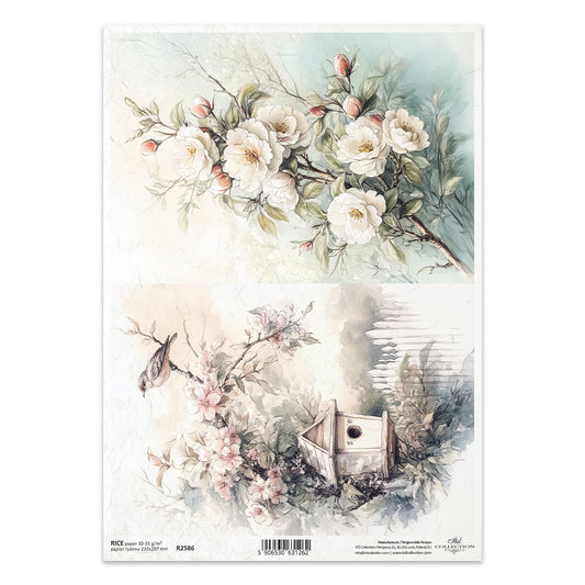 R2586 - Blooming Branches & Birdhouse Rice Paper A4