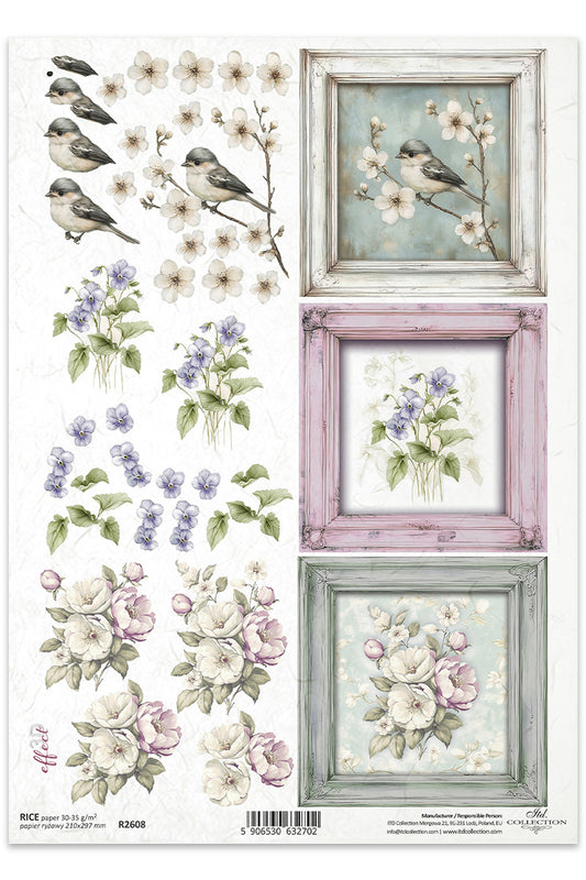 R2608 - Vintage Floral Frames Rice Paper A4