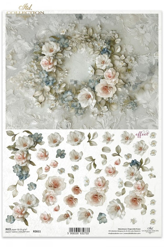 R2611 - Soft Floral Wreath - Rice paper A4