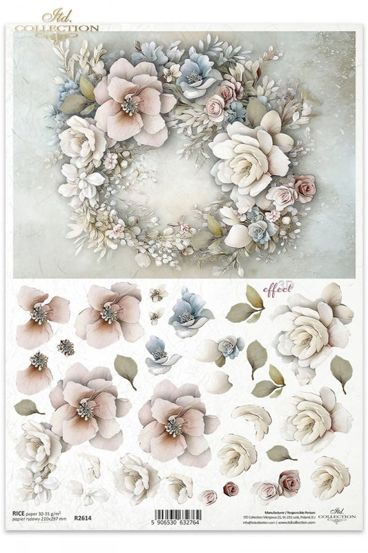 R2614 - Pastel Rose Wreath - Rice paper A4