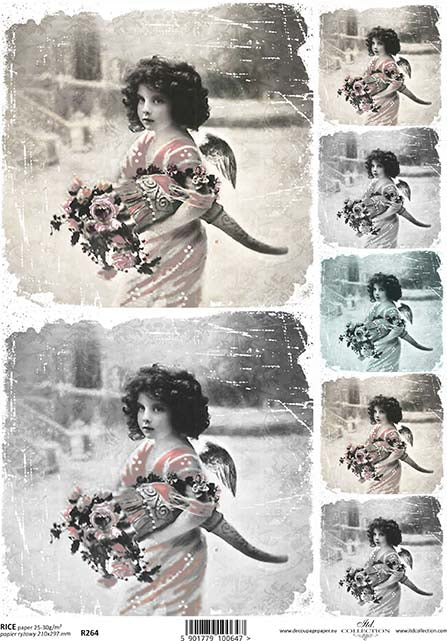 R0264 -Vintage Girl with Flowers Rice Paper A4