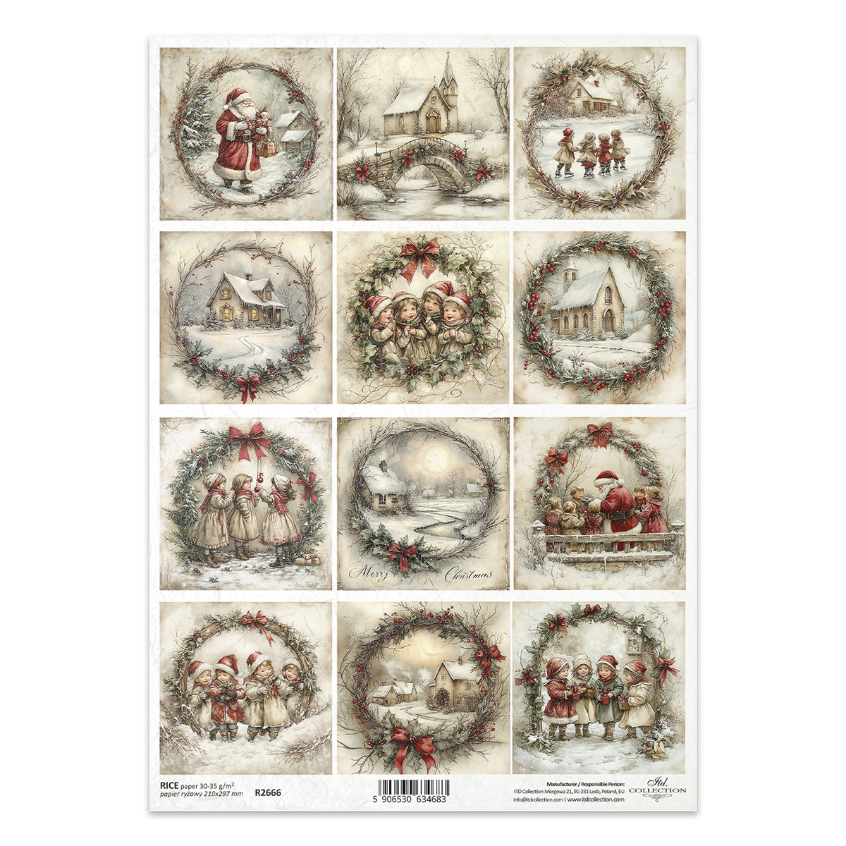 R2666 - Vintage Christmas Wreaths - Rice Paper A4