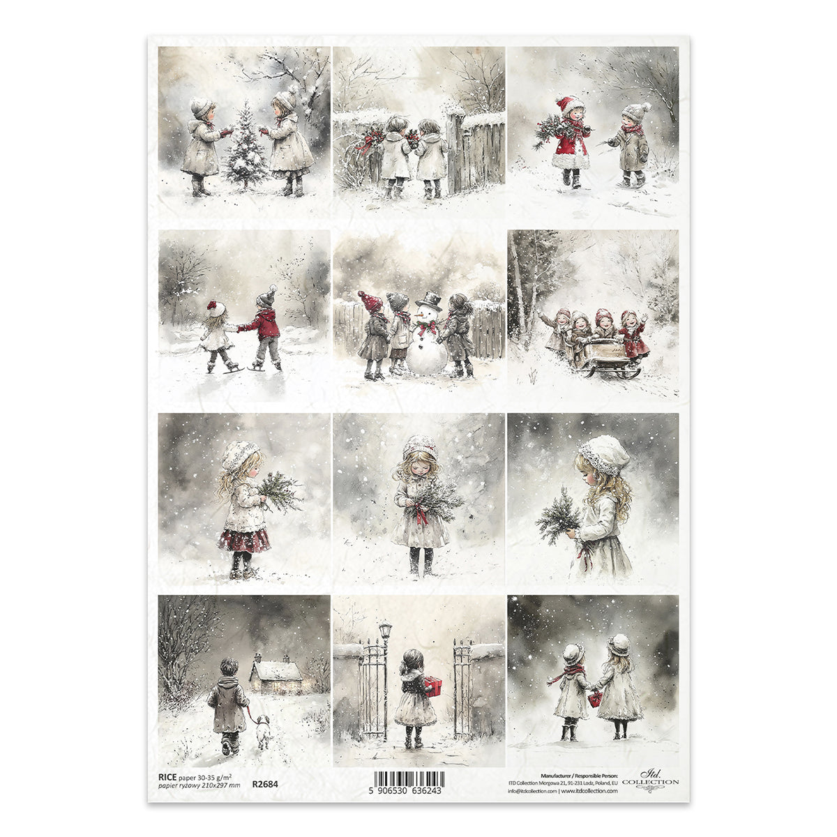Sheet of rice paper with winter-themed illustrations of children in the snow.