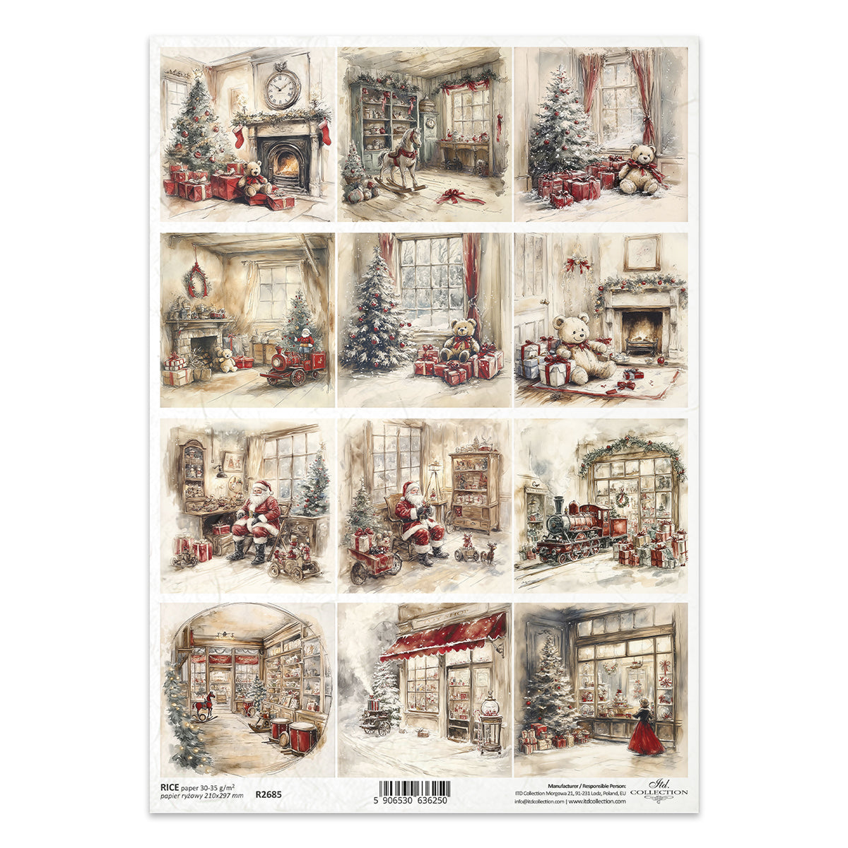 Sheet of Christmas-themed illustrated cards with various scenes.
