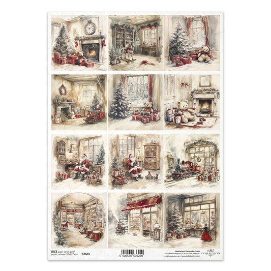 Sheet of Christmas-themed illustrated cards with various scenes.