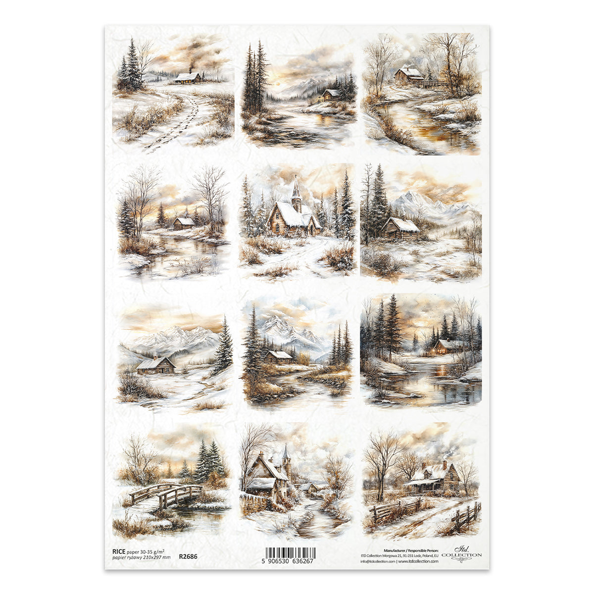 Sheet of paper with winter landscape designs featuring houses, trees, and snowy scenes.