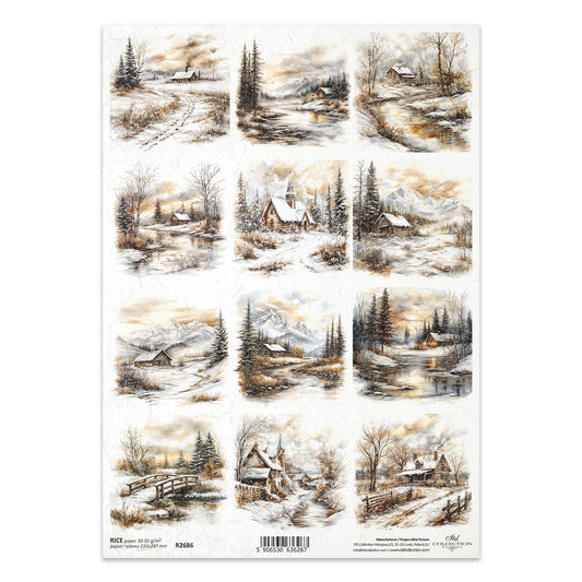 Sheet of paper with winter landscape designs featuring houses, trees, and snowy scenes.