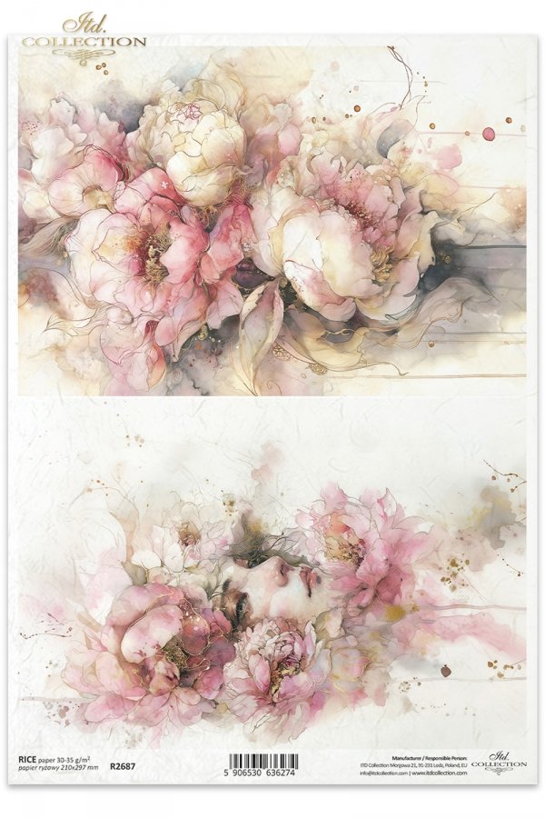 Floral design paper with pink and white flowers on a white background
