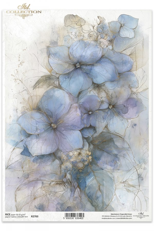 Floral design with blue and purple flowers on a white background, featuring the brand 'Itch Collection'.
