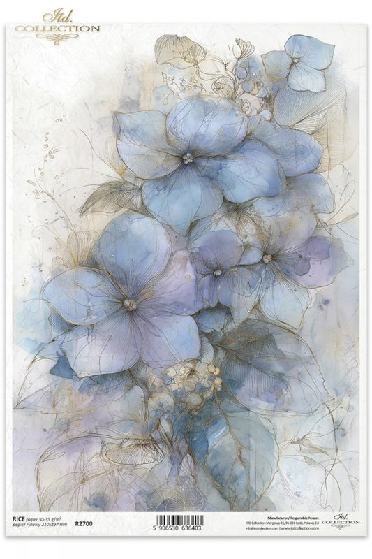 Floral design with blue and purple flowers on a white background, featuring the brand 'Itch Collection'.