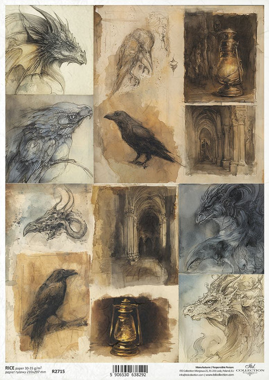 Collage of various sketches including dragons, birds, and architectural elements on a textured background.