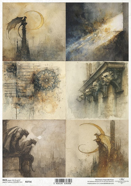 Collage of artistic illustrations featuring dragons, architecture, and abstract elements on a textured background.